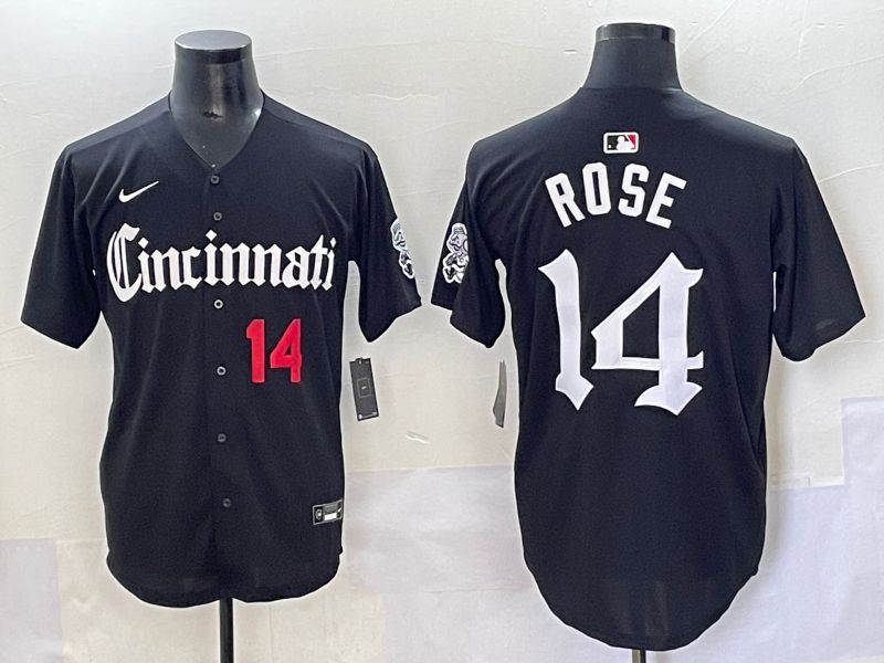 Men 2025 Cincinnati Reds #14 Rose Black Five generations Joint Name Nike MLB Jersey style 8